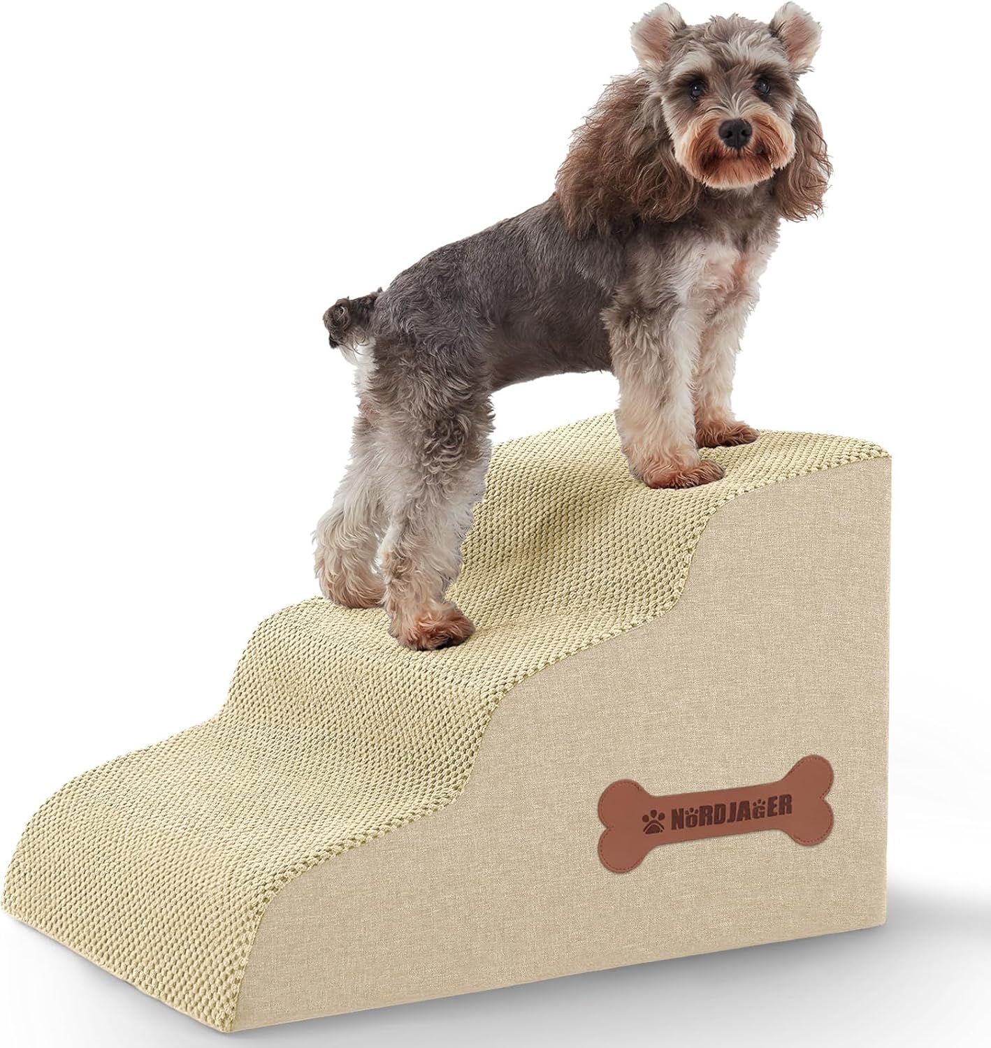 Dog Stairs 3-Step for Small Dogs and Cats to Get on Bed and Furniture/Windows, Pets Can Climb, Sit, or Perch to Look Out Windows, Extra Wide Dog Steps, Non-Slip Waterproof Fabric Cover, Beige（15.7" H）