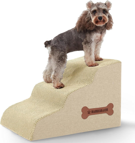 Dog Stairs 3-Step for Small Dogs and Cats to Get on Bed and Furniture/Windows, Pets Can Climb, Sit, or Perch to Look Out Windows, Extra Wide Dog Steps, Non-Slip Waterproof Fabric Cover, Beige（15.7" H）