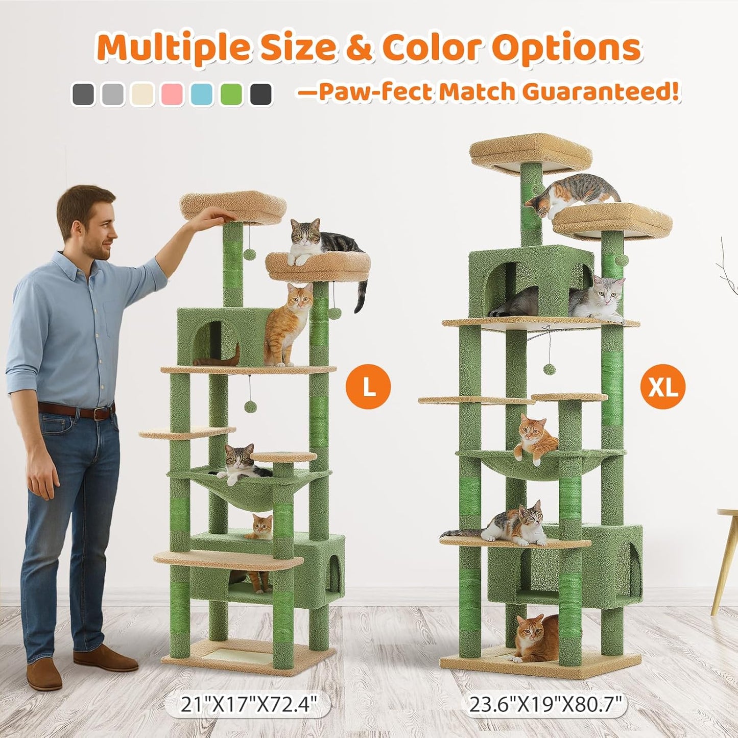 PAWZ Road Heavy Duty Cat Tree for Large Cats, 81 Inches Cactus Tall Cat Tower with 2 Perches, 2 Condos and Spacious Hammock, XL Extra Large Condo with 7 Scratching Posts for 20lb+ Adult Cats, Green