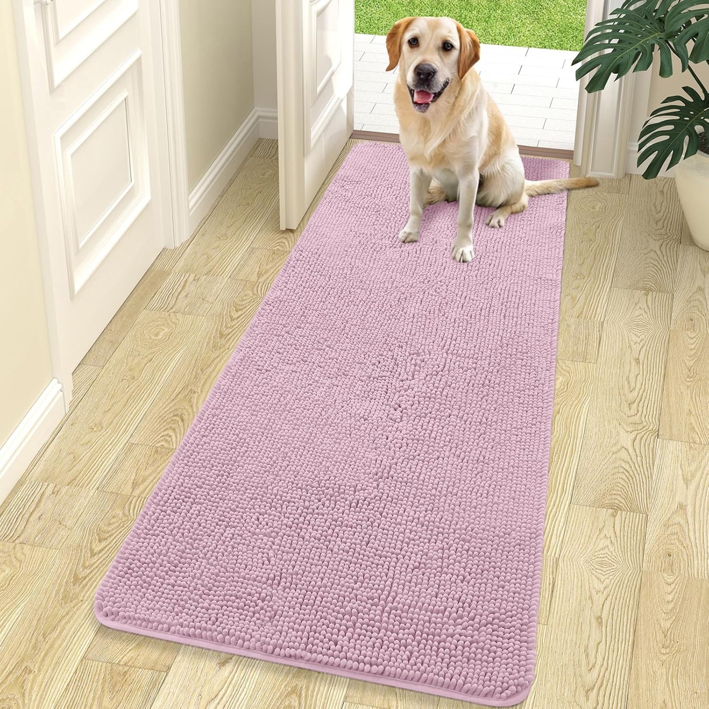 OLANLY Dog Door Mat for Muddy Paws 70x24, Absorbs Moisture and Dirt, Absorbent Non-Slip Washable Doormat, Quick Dry Chenille Mud Mat for Dogs, Entry Indoor Entryway Carpet for Inside Floor, Dusty Rose