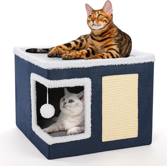 petizer Cat Bed for Indoor Cats, Large Covered Cat House with Scratch Pad, Foldable Cat Cave Bed & Hideaway Cube with Reversible Cushions, Cute Cat Condo for Multi Small Pet Kitten (Blue)