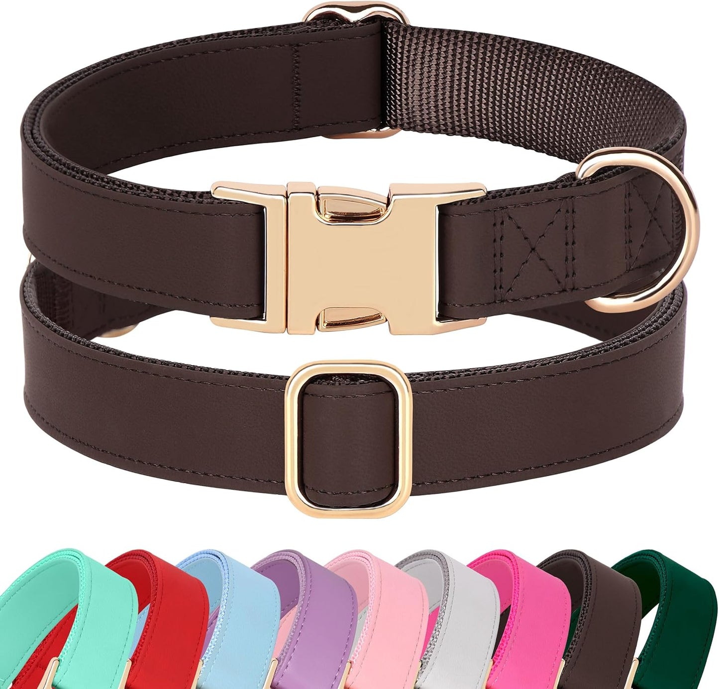 PET ARTIST PU Leather Dog Collar, Bright & Stylish Brown Dog Collar with Quick Release Gold Metal Buckle, Soft Nylon Padded Durable Pet Collars Adjustable for Small Dogs, Neck Fit 9-14"