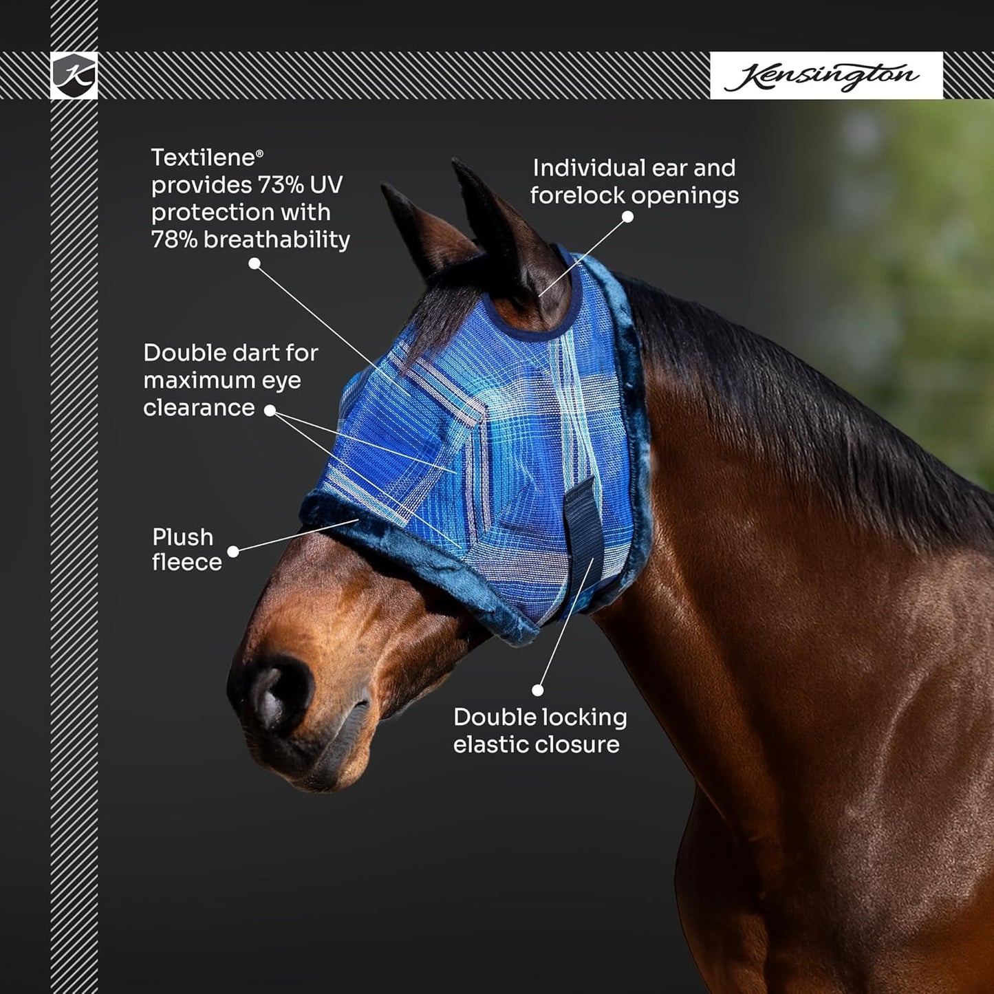 Kensington UV Fly Mask with Fleece Trim - Protective Mask with Dual Ear Opening & Forelock Freedom - Medium, Lavender Mint