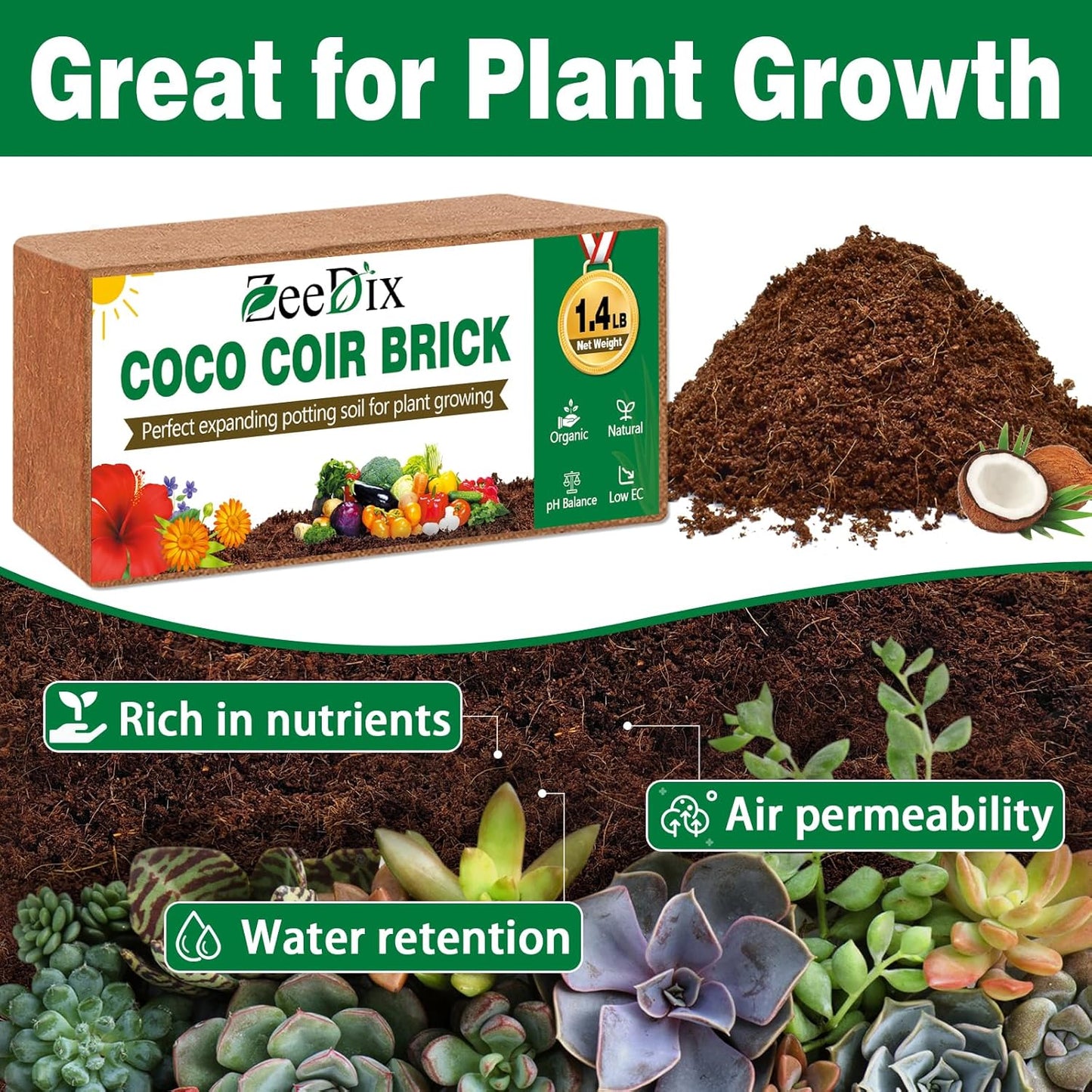 ZeeDix 6 Pcs Coco Coir Brick for Plants, 100% Organic Coconut Coir Bricks with Low EC and pH Balance, Compressed Coconut Husk Bricks for Gardening, Planting, Organic Potting Soil, High Water Retention