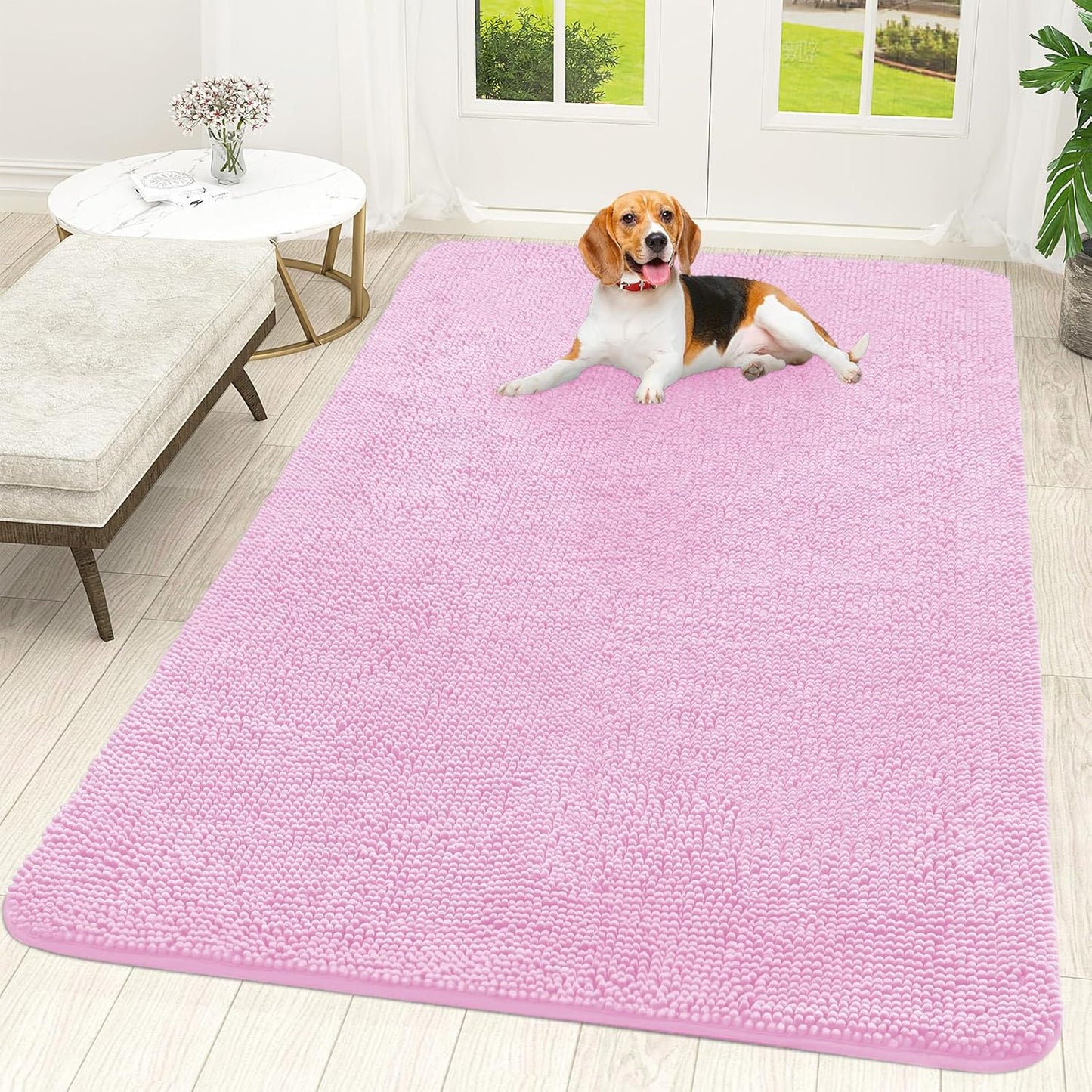OLANLY Dog Door Mat for Muddy Paws 70x46, Absorbs Moisture and Dirt, Absorbent Non-Slip Washable Doormat, Quick Dry Chenille Mud Mat for Dogs, Entry Indoor Entryway Carpet for Inside Floor, Pink