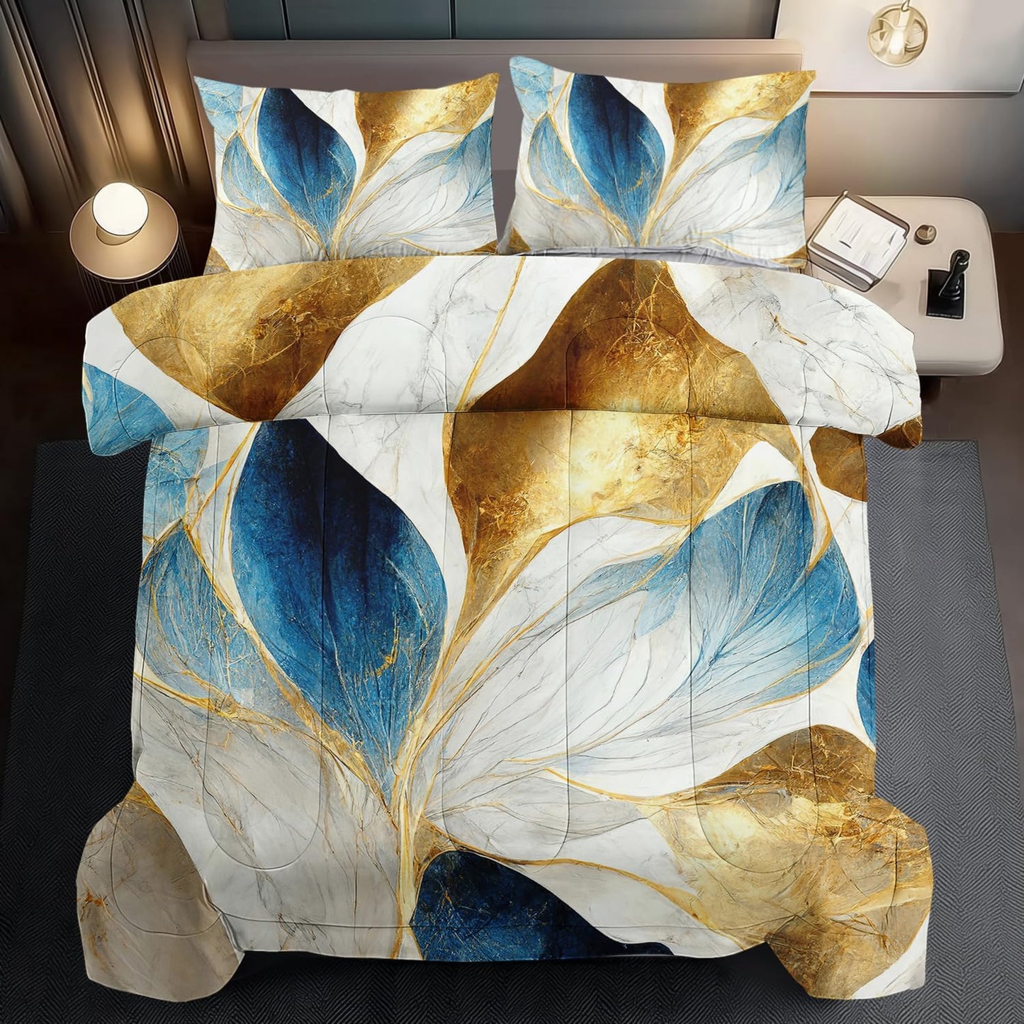 Vintage Floral Comforter Set King Size Women,Marble Flower Bedding Set King,Marble Blue Flower Bed Comforter,Blue and Gold Floral Quilt Bedroom Decor for Kids and Adults