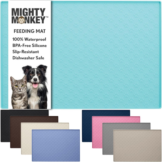MIGHTY MONKEY 100% Waterproof Dog Food Mat, Raised Edges Silicone Pet Feeding Placemat for Cat, Dogs, Pet Bowls, High Lipped Tray Prevents Water Spills, Food on Floor, Dishwasher Safe, 22x14 Turquoise