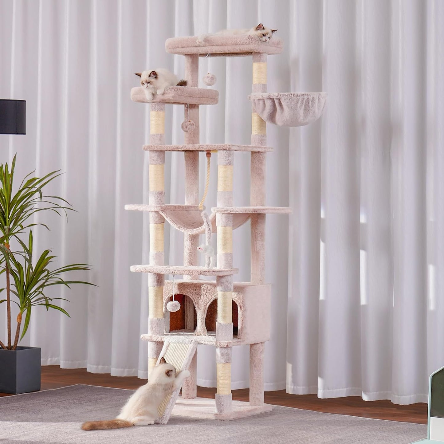 Heybly Tall Cat Tree, 78-inch Multi-Level Cat Tower for Indoor Cats, 2 Widened Plush Perches Cat Condo with Scratching Board and Big Caves, Muchroom HCT033MU