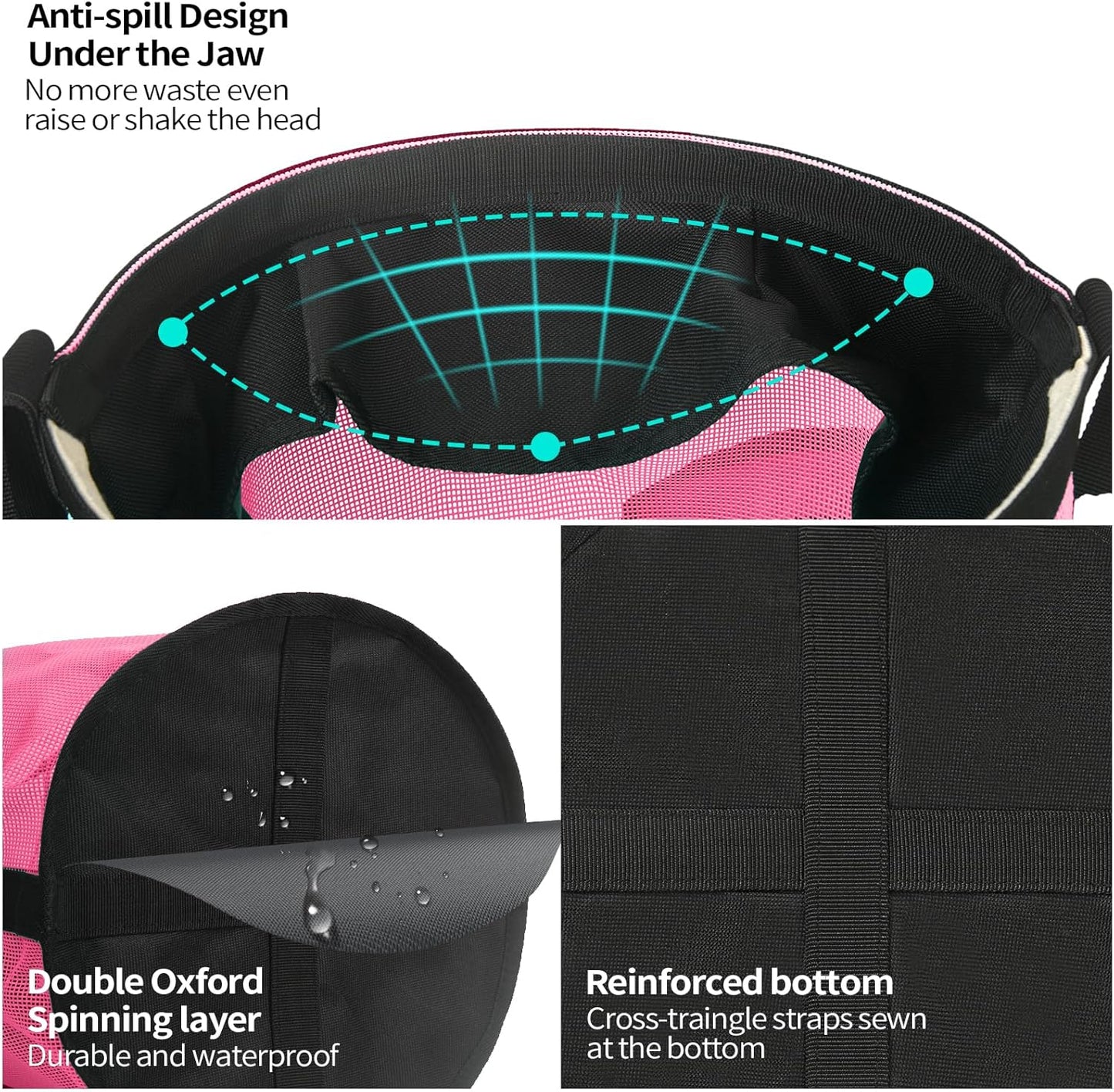 Horse Feed Bag 2 Pcs, Mesh Feed Bags for Horses, Muzzle Feedbag for Feeding Grain, Anti-Spill Design Feeder, Soft Neck Pad Nose Pad, Breathable and Universal Fit (Pink, Pack of 2)