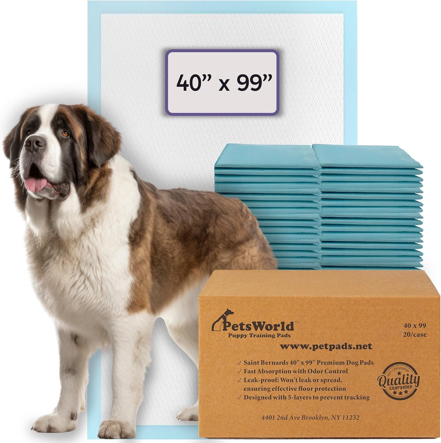PETSWORLD Mega-Sized Dog Pee Pads (40" x 99") – 4XL Gigantic Pet Piddle Pads for Puppy Training, Incontinence – with Adhesive Sticky Tape – Leak Proof, 5-Layer Protection (20 Count)
