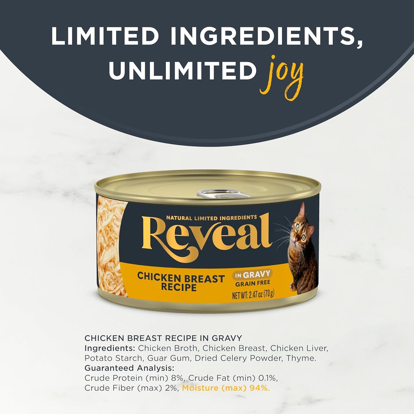 Reveal Natural Wet Cat Food, 24 Count, Grain Free, Limited Ingredient Canned Food for Cats, Chicken Breast in Gravy, 2.47 oz Cans
