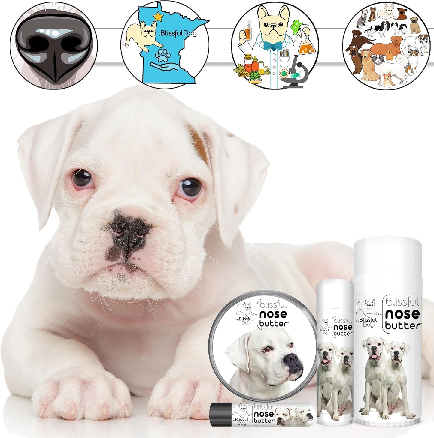 The Blissful Dog White Boxer Nose Butter for Dry, Cracked Skin, Lick-Safe Dog Nose Balm with Moisturizing Shea Butter, Almond, Olive, and Essential Oils, Pet Supplies, Uncented, 0.50 oz.