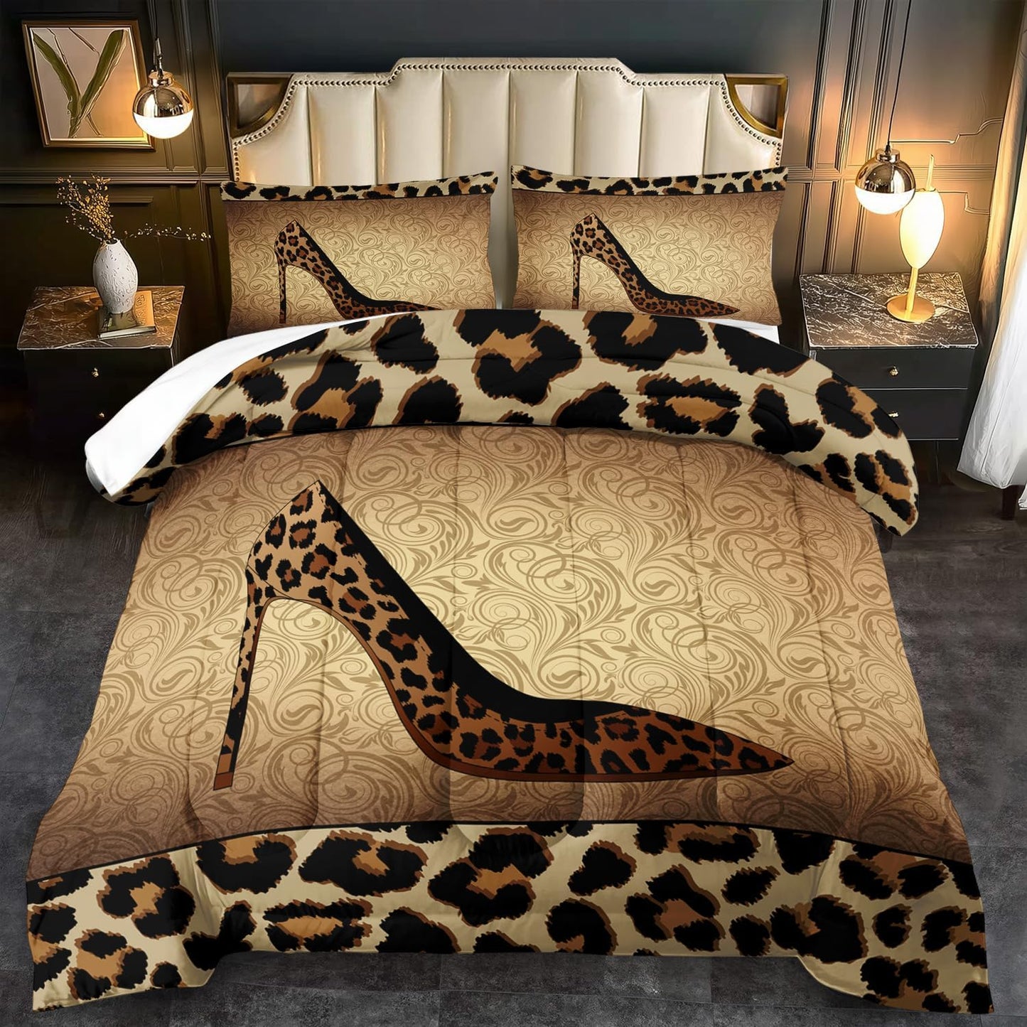 Leopard Comforter Set Queen Girls,Sexy High Heel Comforter for Women,Leopard Print Bedding Set Queen Adult,High Heel Quilt Bedroom Decor,African Animal Print Bedding Quilt