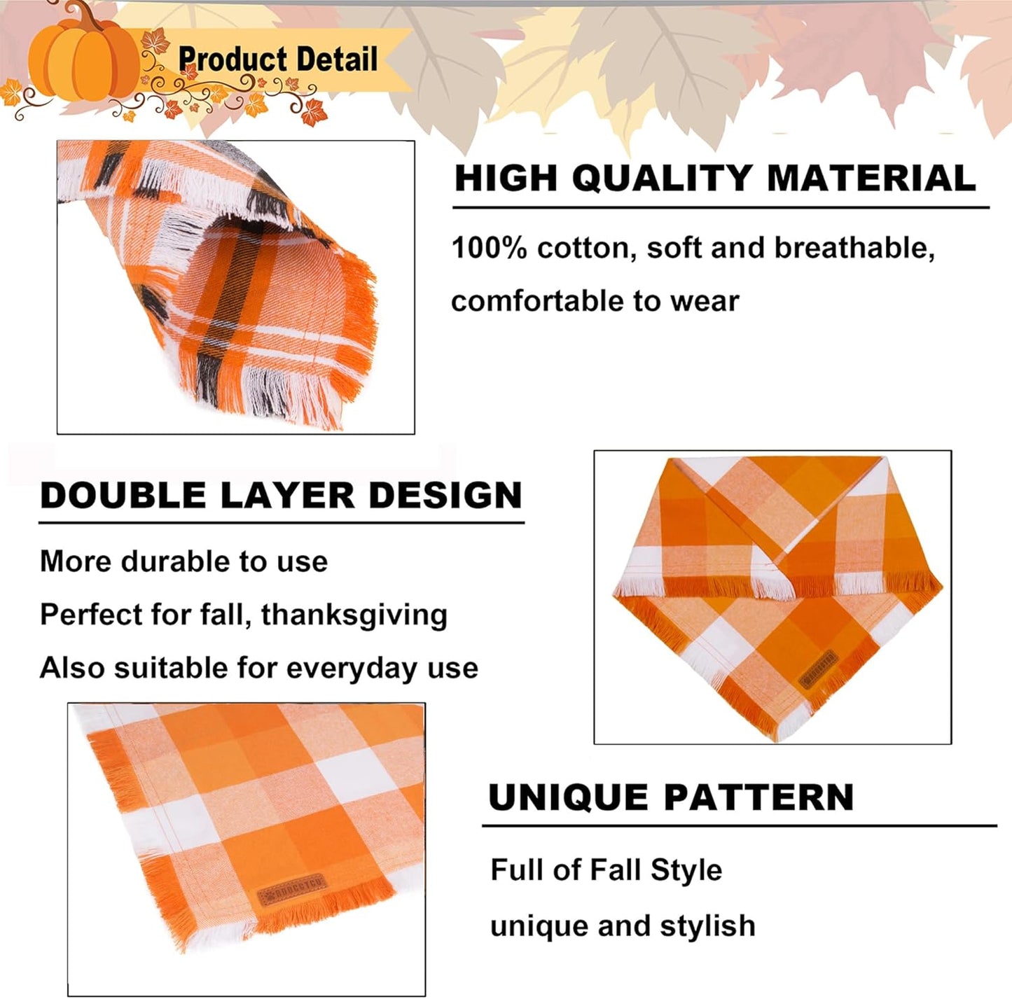 ADOGGYGO Fall Dog Bandanas, Halloween Thanksgiving Pet Bandana, Multiple Sizes Offered, Orange Plaid Fall Holiday Bandana for Medium Large Dogs Pets (Large)
