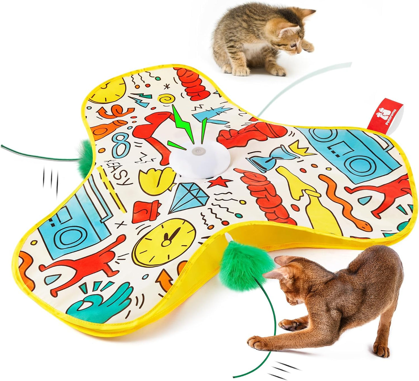 Potaroma Interactive Cat Feather Toys, Hide and Seek Concealed Moving Feather Wand, Rechargeable Touch Activated Indoor Kitten Exercise Kicker, Mouse Squeaky, Graffiti Cover