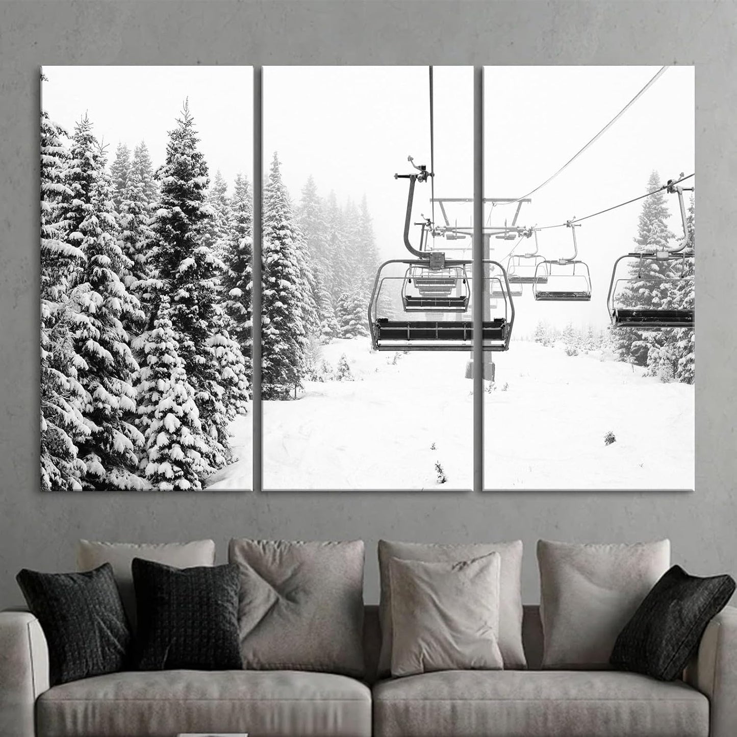Nature Wall Art Prints - Ocean Forest Mountain Lake Canvas Landscapes - Small to Extra Large Living Room Bedroom Kitchen Bathroom Décor (Ski Lift on Snowy Mountain, 31L" x 47W" - 3 Panels)