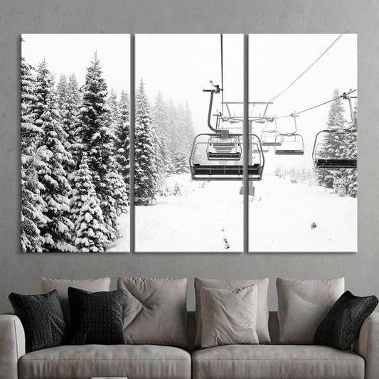 Nature Wall Art Prints - Ocean Forest Mountain Lake Canvas Landscapes - Small to Extra Large Living Room Bedroom Kitchen Bathroom Décor (Ski Lift on Snowy Mountain, 31L" x 47W" - 3 Panels)