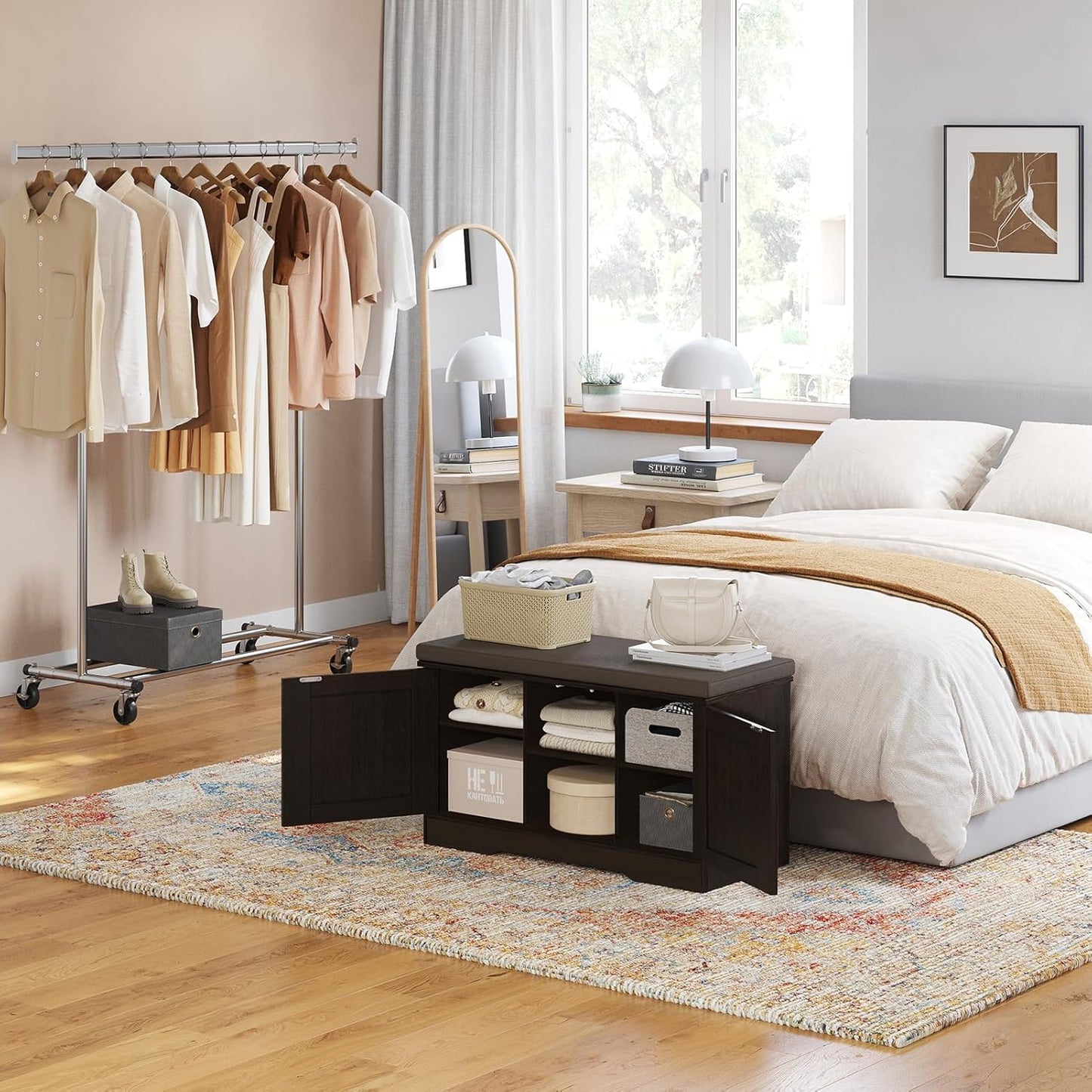 DINZI LVJ Shoe Bench, Entryway Storage Bench with Doors, Cushion, 2-Tier Shoe Rack with 6-Cubby, 31.5”L x 13.8”W Shoe Organizer Cabinet, Adjustable Shelf, Living Room, Bedroom, Espresso