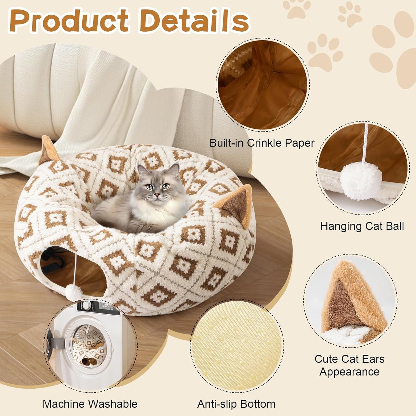 Cat Tunnel Bed for Indoor Cats, Cat Donut Tunnel with Washable Cushion, Peekaboo Cat Cave Toy, Multifunctional Playground Toys for Kittens, Rabbit, Brown Jacquard Pattern