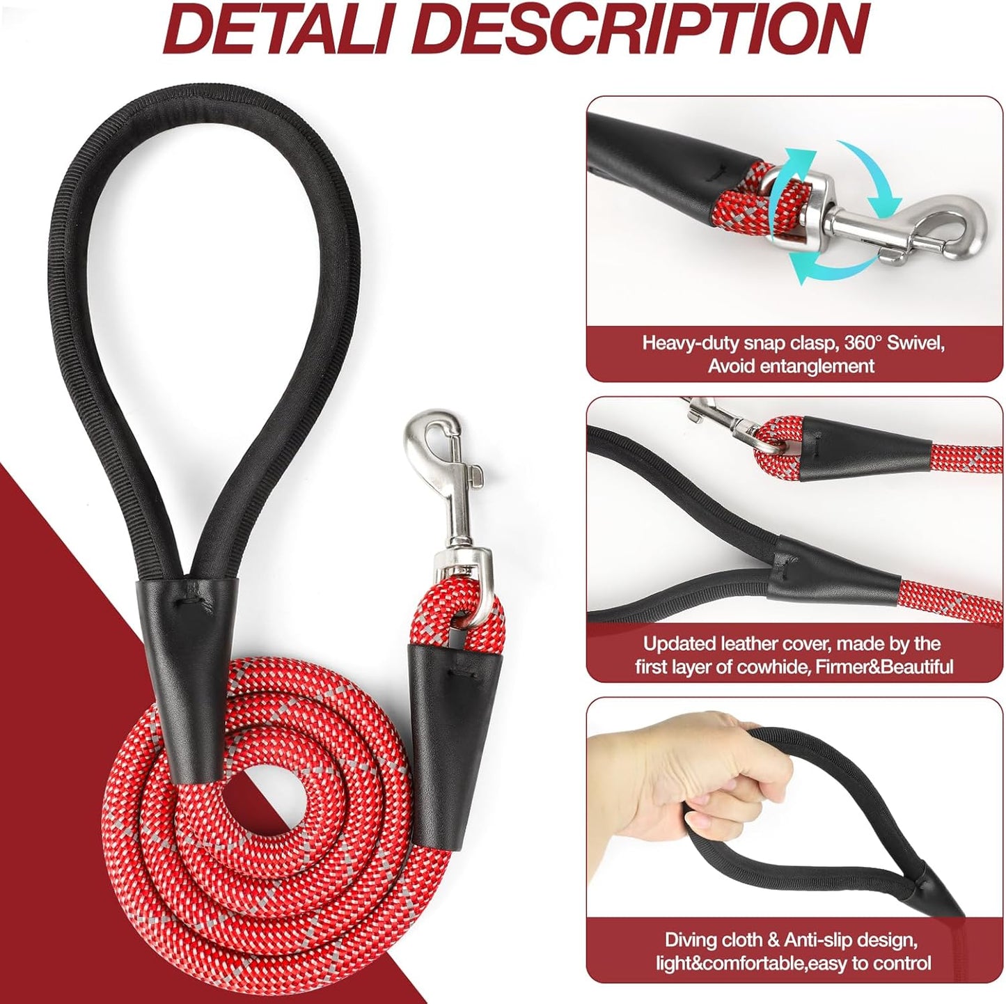 Red 4FT Dog Leash for Large Dogs Night Walking Reflective Heavy Duty Chew-Resistant Nylon Leash with Padded Handle and 360° Swivel Clip Strong for Medium to Large Breeds