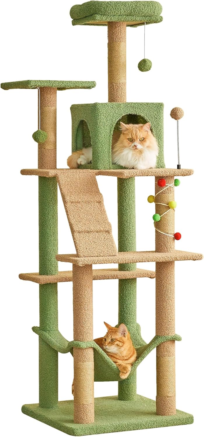 MWPO 63.8 Inches Green Cat Tree for Indoor Cats, Multi-Level Cat Tower with Sisal-Covered Scratching Posts, Padded Platform, Hammock, Dangling Toys, Stable Cat Condo Pet Play House
