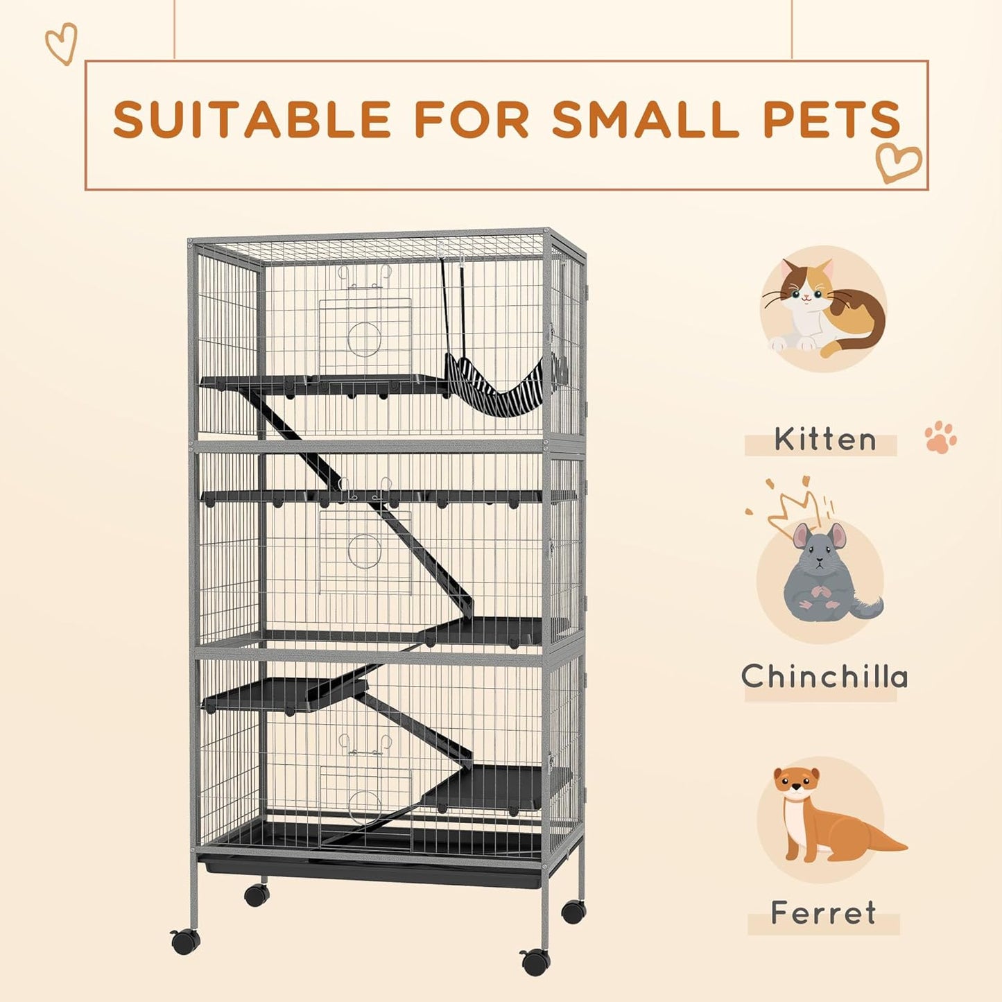 PawHut 63" 6-Tier Small Animal Cage, Ferret Cage, Large Chinchilla Cage with Hammock Accessory & Heavy-Duty Steel Wire, Small Animal Habitat with 6 Doors, Removable Tray, Gray