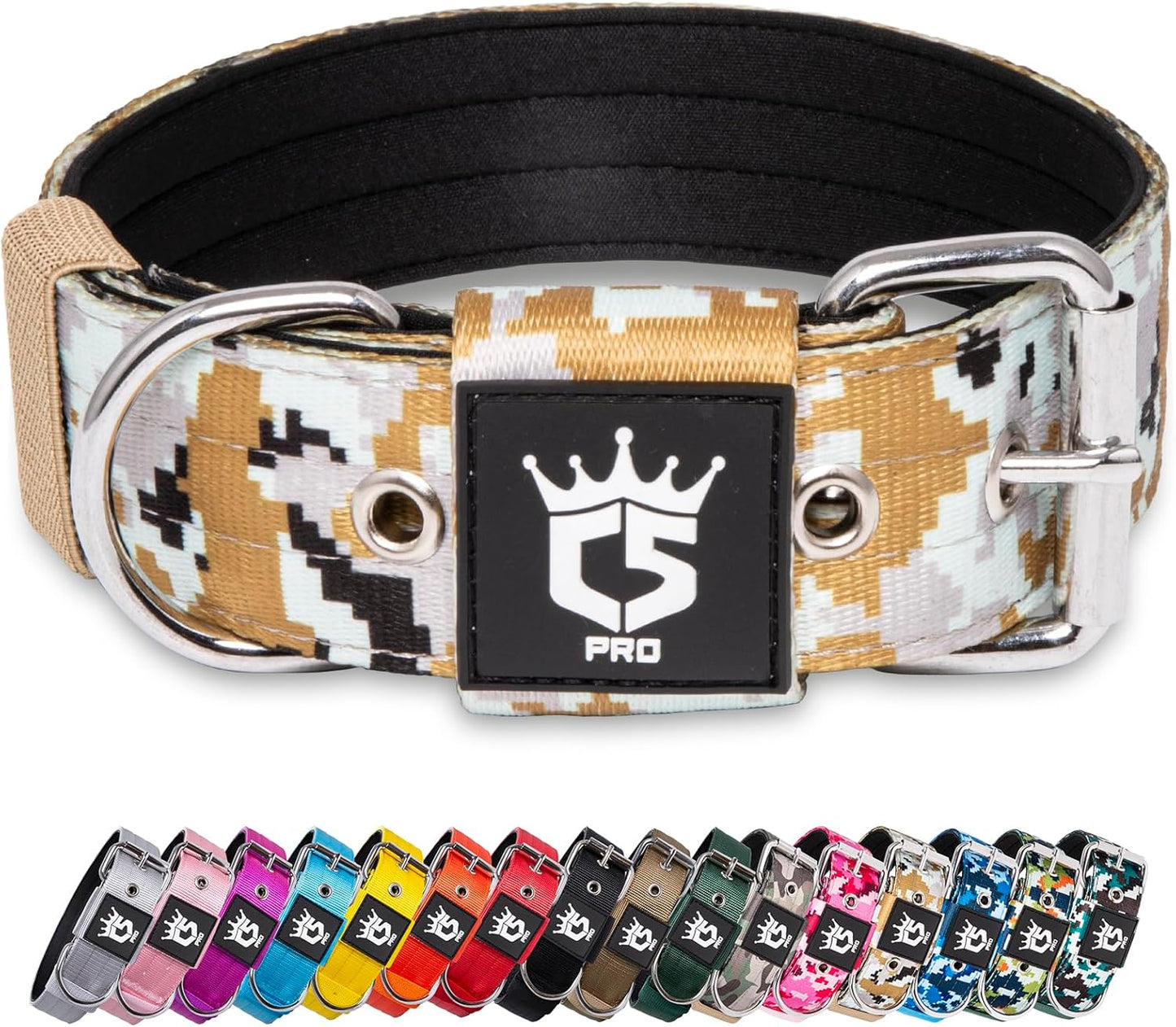 TSPRO Tactical Dog Collar 1.5 Inch Wide Thick Dog Collars with Heavy Duty Metal Buckle, Durable, Strong, Adjustable for Medium to Large Dogs (Camo Khaki L)