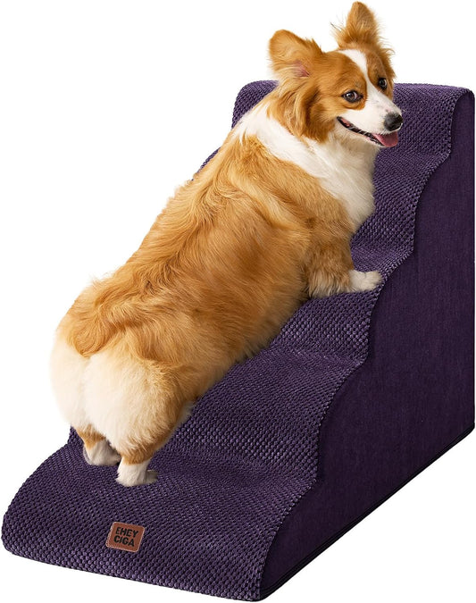 EHEYCIGA Curved Dog Stairs Ramp for High Beds 22.6" H, 5-Step Dog Steps for Small Dogs and Cats, Pet Stairs for High Bed Climbing, Non-Slip Balanced Pet Step Indoor, Purple