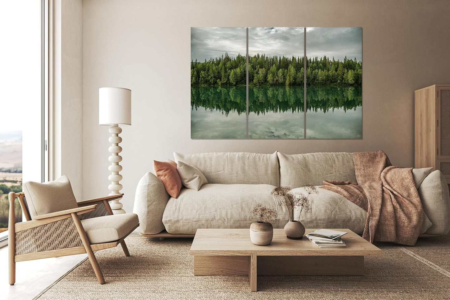 Nature Wall Art Prints - Ocean Forest Mountain Lake Canvas Landscapes - Small to Extra Large Living Room Bedroom Kitchen Bathroom Décor (Forest Reflection, 35L" x 53W" - 3 Panels)