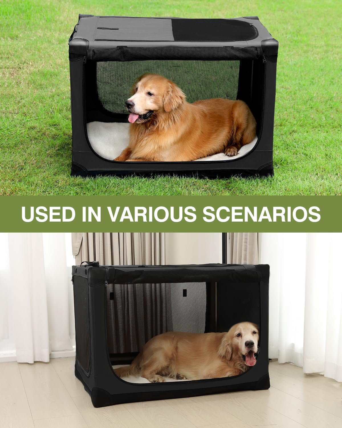 24-Inch Collapsible Travel Dog Crate, Portable 4-Door Soft Kennel for Medium to Large Dogs, Durable Mesh Windows, Indoor/Outdoor Use, Foldable, with Storage Bag (Black)