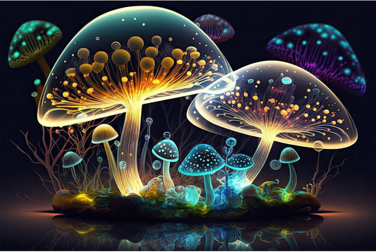 Mushroom Aquarium Background Abstract Glowing Fantasy Mushrooms Terrarium Background Mysterious Forest Magical Night In Circle Shape Crystal Glass Fish Tank Backdrop Decorations Vinyl 48x24in