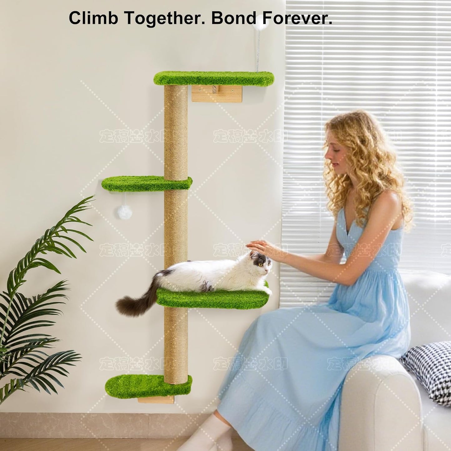 Cat Wall Climber and Floating Shelves, Wall Mounted Cat Tree for Kittens & Cats Up to 30lbs, 4-Tier Adjustable Design with Green Plush Pads