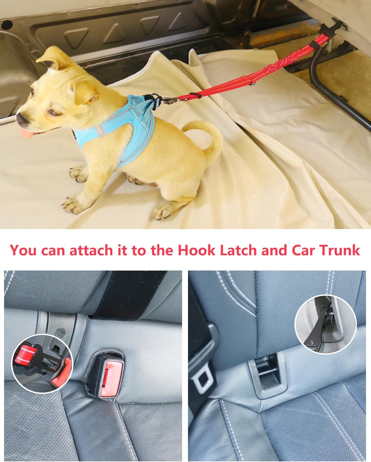 AUBELL Dog Seat Belt for Car,Updated 3-in-1 Adjustable Reflective Bungee Heavy Duty Dog Car Harness Tether with Clip Hook Latch & Buckle,Swivel Zinc Alloy Carabiner,Red