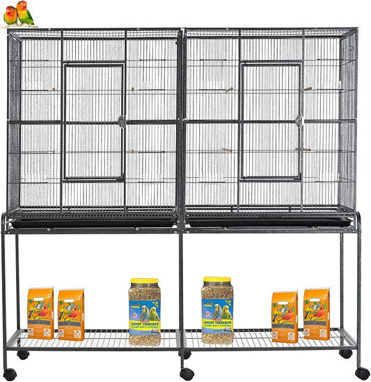 54" Large Double Breeding Flight Bird Wrought Iron Double Parrot Bird Cage Slide Out Center Divider Side Nesting Doors Cockatiel Conure Removalbe Rolling Stand