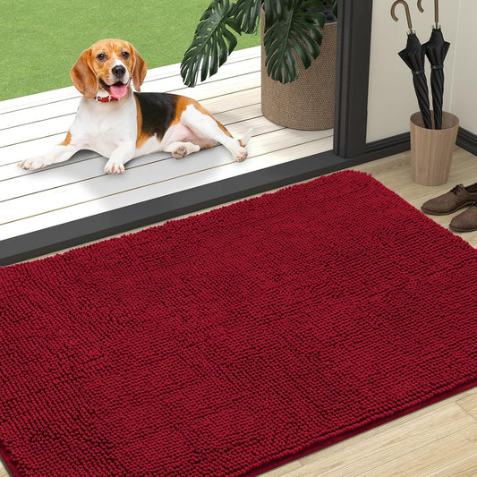 OLANLY Dog Door Mat for Muddy Paws 47x32, Absorbs Moisture and Dirt, Absorbent Non-Slip Washable Doormat, Quick Dry Chenille Mud Mat for Dogs, Entry Indoor Entryway Carpet for Inside Floor, Red