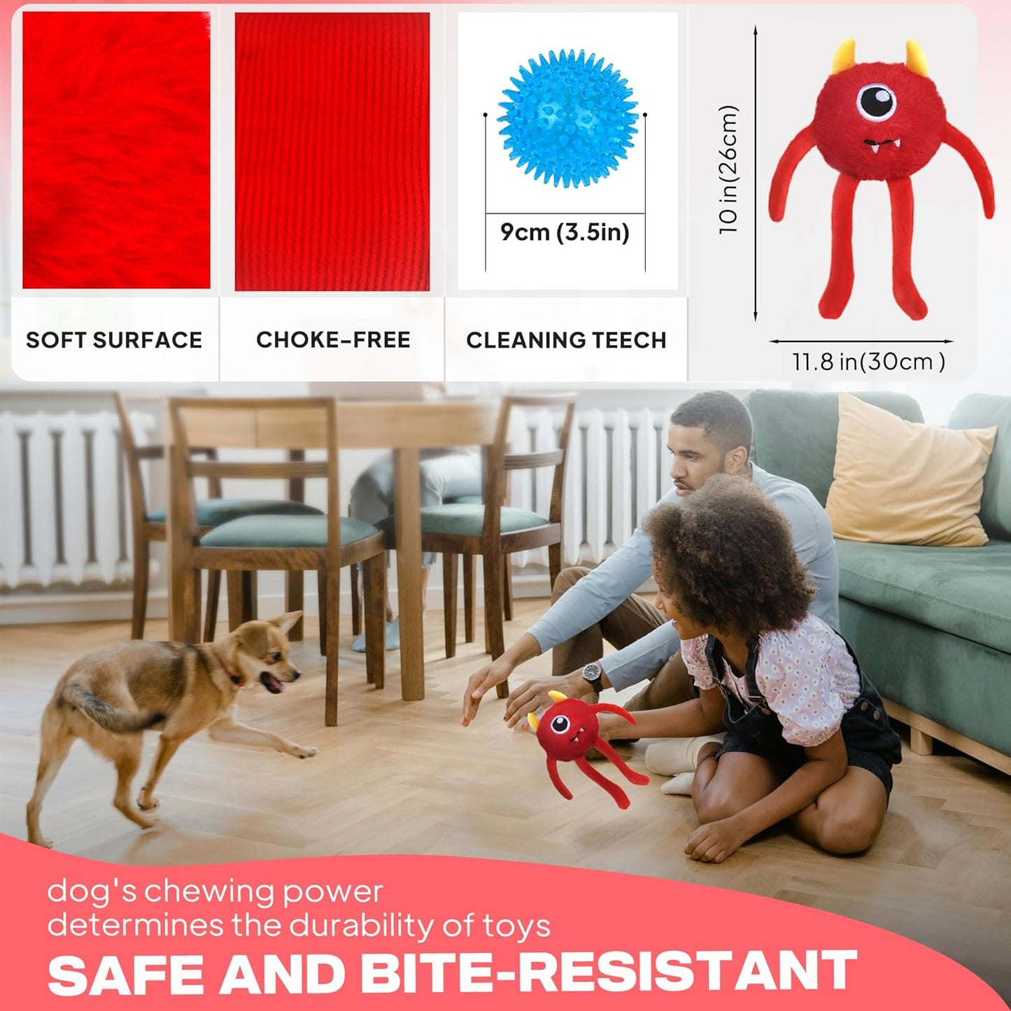 Fida Dog Chew Toys for Aggressive Chewers(3in1),Squeaky Dog Toys for Large Dogs，Interactive Dog Toys to Keep Them Busy, Dog Ball for Small, Medium and Large Dogs(Red)