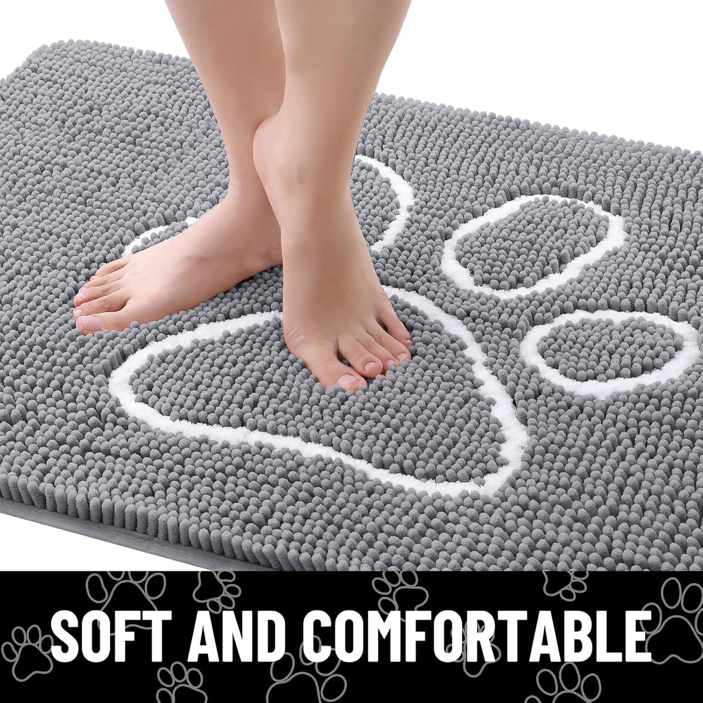 Smiry Dog Door Mat for Muddy Paws, Absorbent Dirt Trapper Non Slip Quick Dry Washable Chenille Mat for Mud Dogs, Entry Rug for Indoor and Outdoor (36x24 Inches, Grey and White)