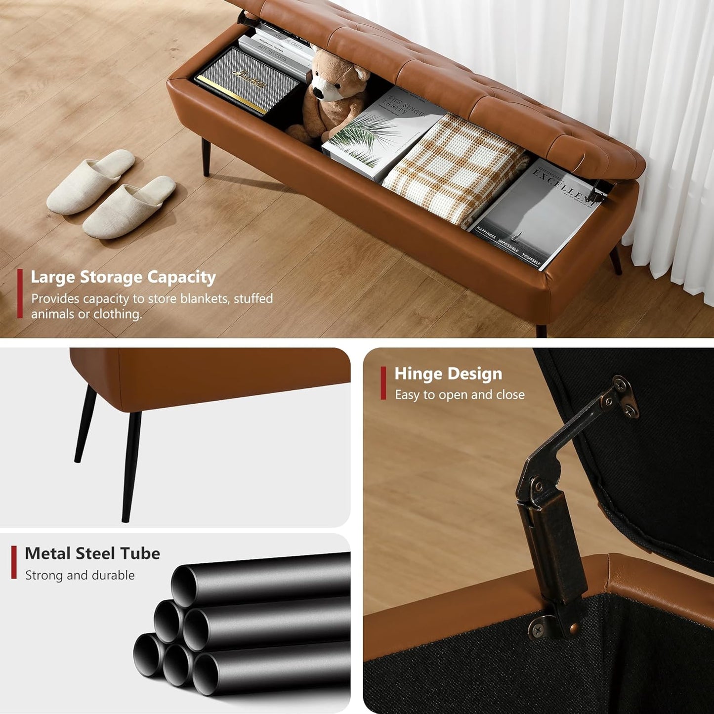 Leather Storage Ottoman Bench,End of Bed Bench for Living Room Bedroom Dinning Room Entryway,Mid-Century Modern,Faux Leather,with Steel Legs,Safety Hinges, Loads 660 lb (with Button, Brown)