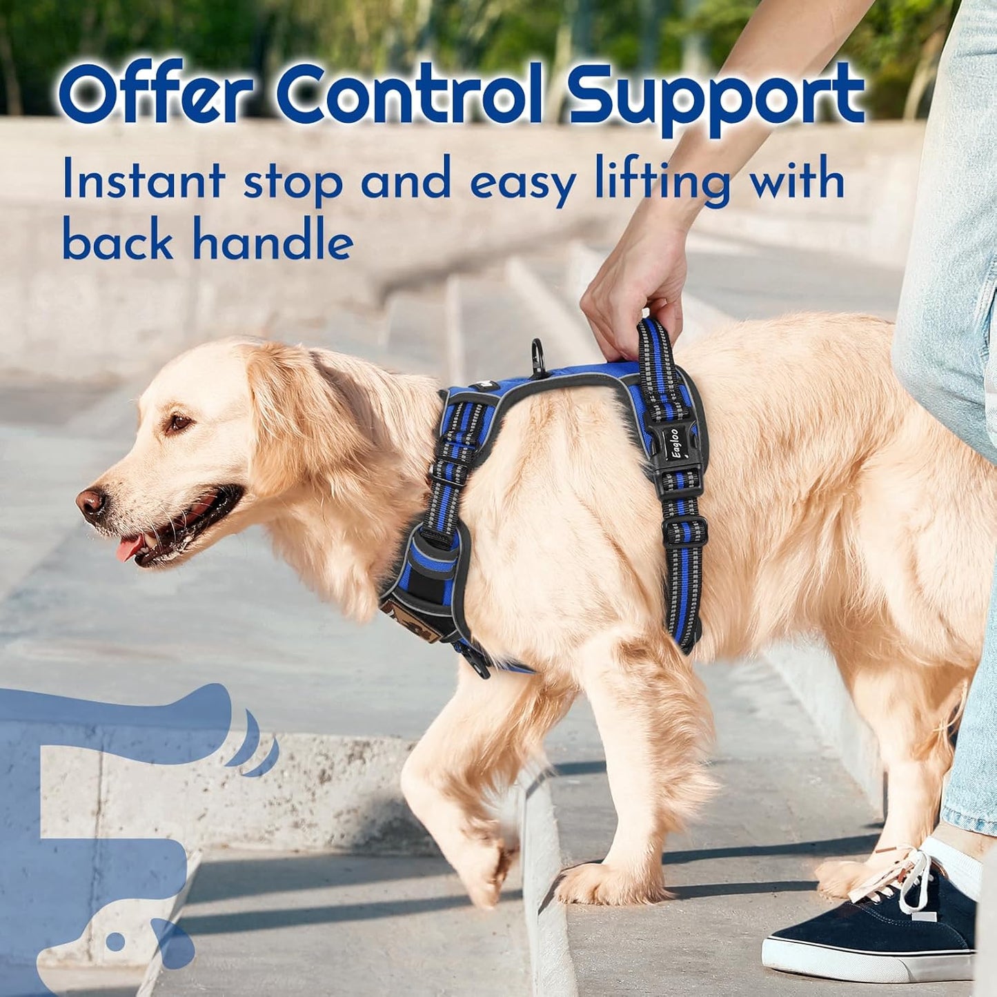 Eagloo Dog Harness for Large Dogs, Easy Wearing with 3 Buckles, Adjustable No Pull Pet Harness with 2 Rings for Walking, No Chock Reflective Soft Padded Vest with Control Handle, Blue & Black, XL