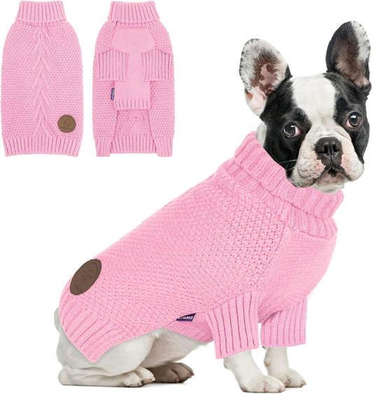 cyeollo Turtleneck Dog Sweater Soft Knitwear Pullover Sweaters with Leash Hole Pet Clothes for Cold Weather Pet Small Dog Sweaters,Pink, XL