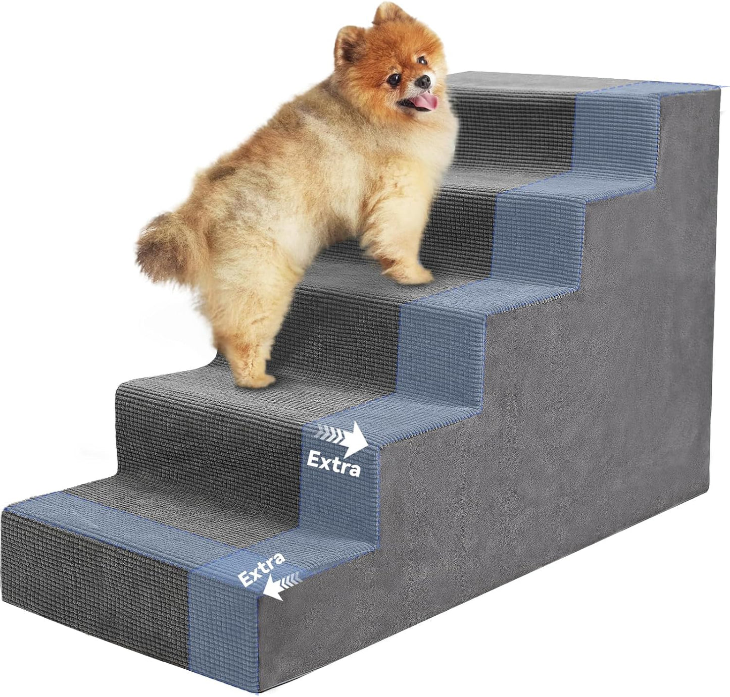 Niubya Dog Stairs for Small Dog and Cats,23”H Non-Slip Bottom Pet Steps for High Beds and Couch,High-Density Foam Pet Stairs Grey,5 Steps