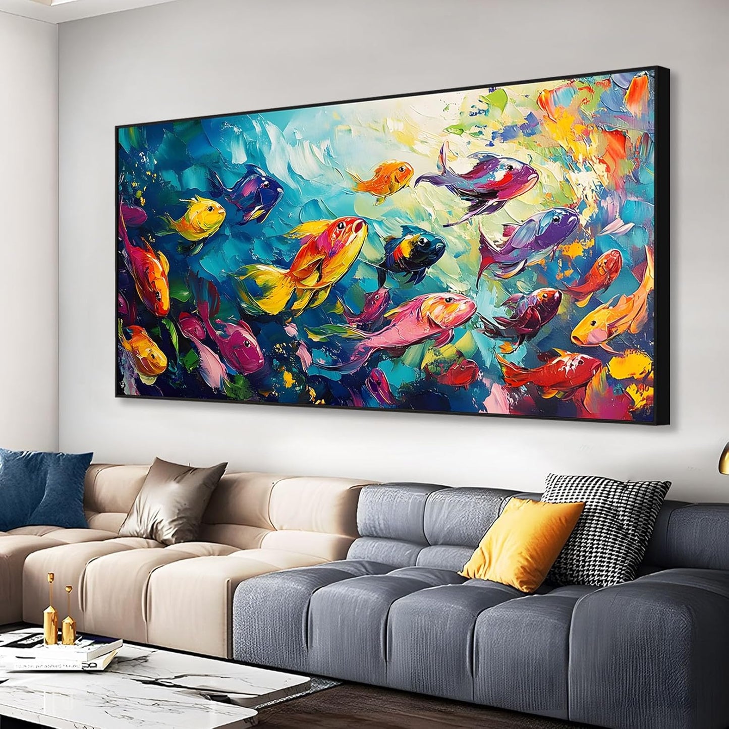 School of Fish Printed Canvas Wall Art – Framed Abstract Ocean Print – Vibrant Fish Wall Decor for Living Room, Bedroom, Office (Black Framed, 31"x15"|80x40cm)