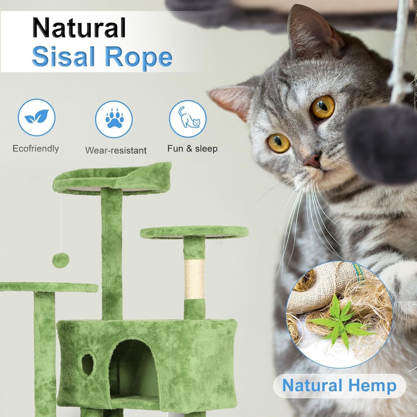 FDW Cat Tree 70in Cat Tower Multi-Level Durable Cat Scratching Post & Cozy Fun Cat Jumping Platform Space Saving Cat Condo Pet Play House for Indoor Cats,Green