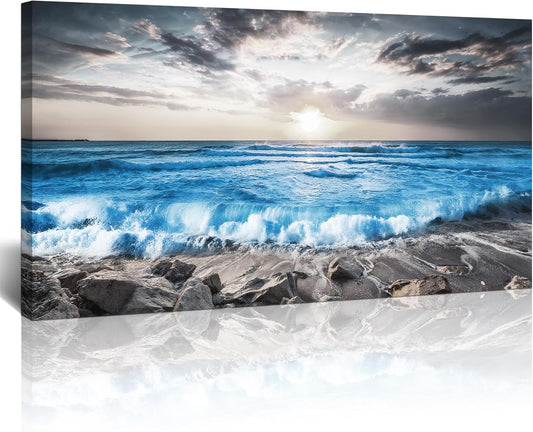 Lapremoly Large Wall Decoration For Living Room Framed Canvas Wall Art For Bedroom Office Wall Decor Black And White Beach Wall Painting Blue Sea Wave Pictures Artwork Modern Hotel Room Home Decor