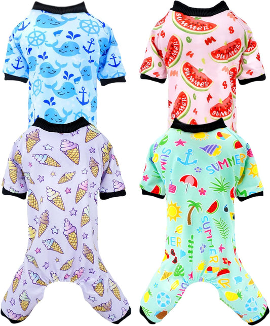 PET SHOW 4 Pack Dog Pajamas for Small Medium Dogs Girl Boy Watermelon Soft Stretchy PJs Whale Ice Cream Jumpsuit Dog Floral Onesies Outfits with Sleeve Pets Breathable Summer Clothes Costume XL