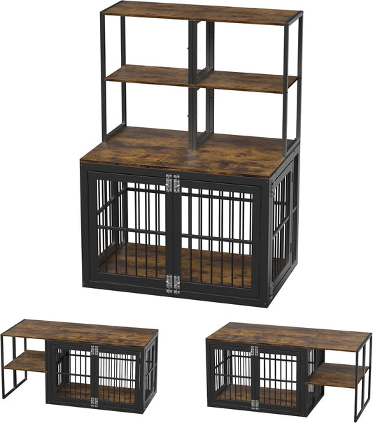 Dociote Heavy Duty Dog Crate Furniture with Storage Shelves，Large Dog Kennel Indoor End Table 39 Inch,Brown