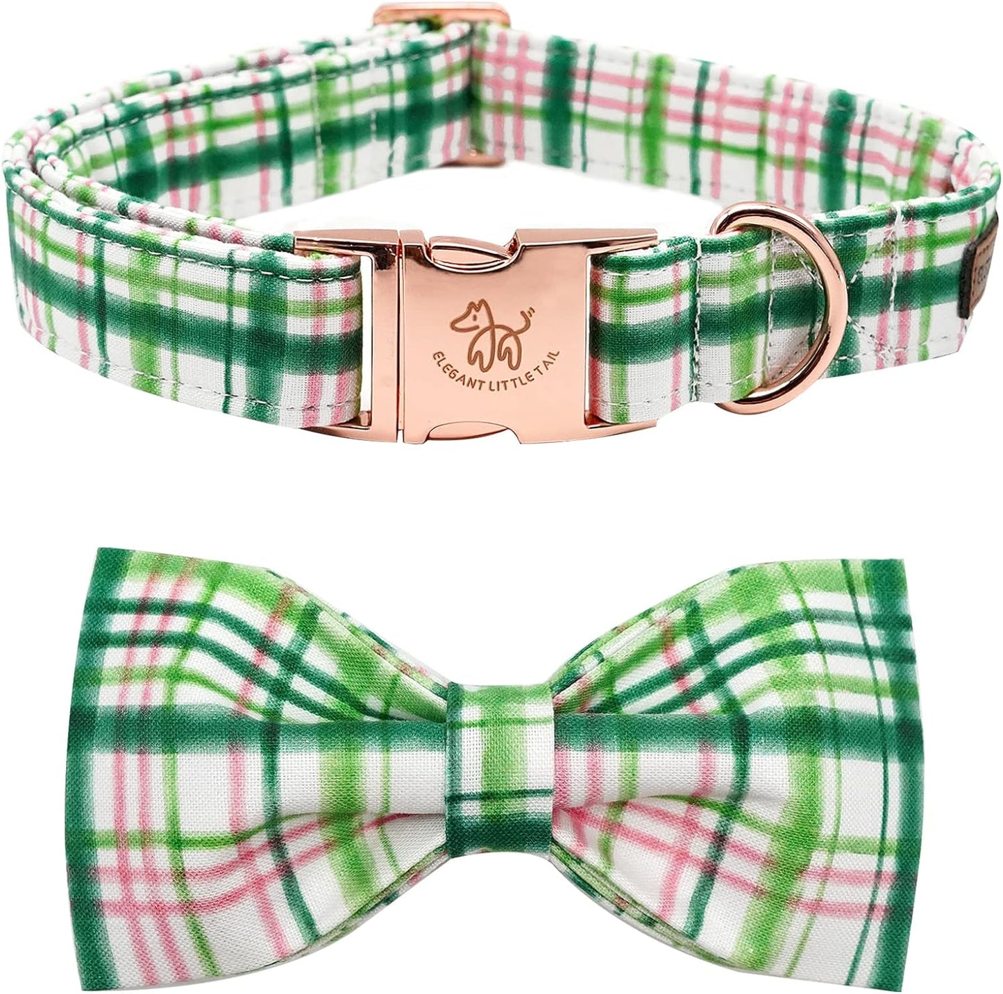 Elegant Little Tail Dog Collar with Bow - Pink with Green Plaid, Cute Bowtie, Adjustable for Medium Dogs