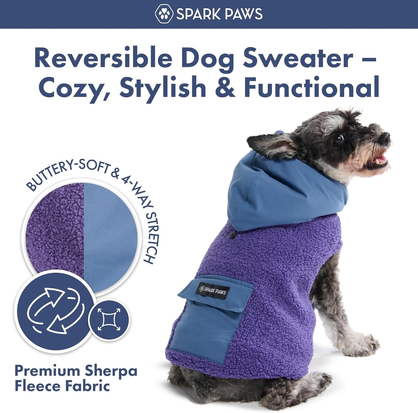 Spark Paws Reversible Dog Sweater, Sherpa Jacket Vest with Warm Fleece Lining, Warm Coat for Winter, Suitable for Small Medium, Large, XL XXL Dogs - Purple and Navy Blue - 2XL
