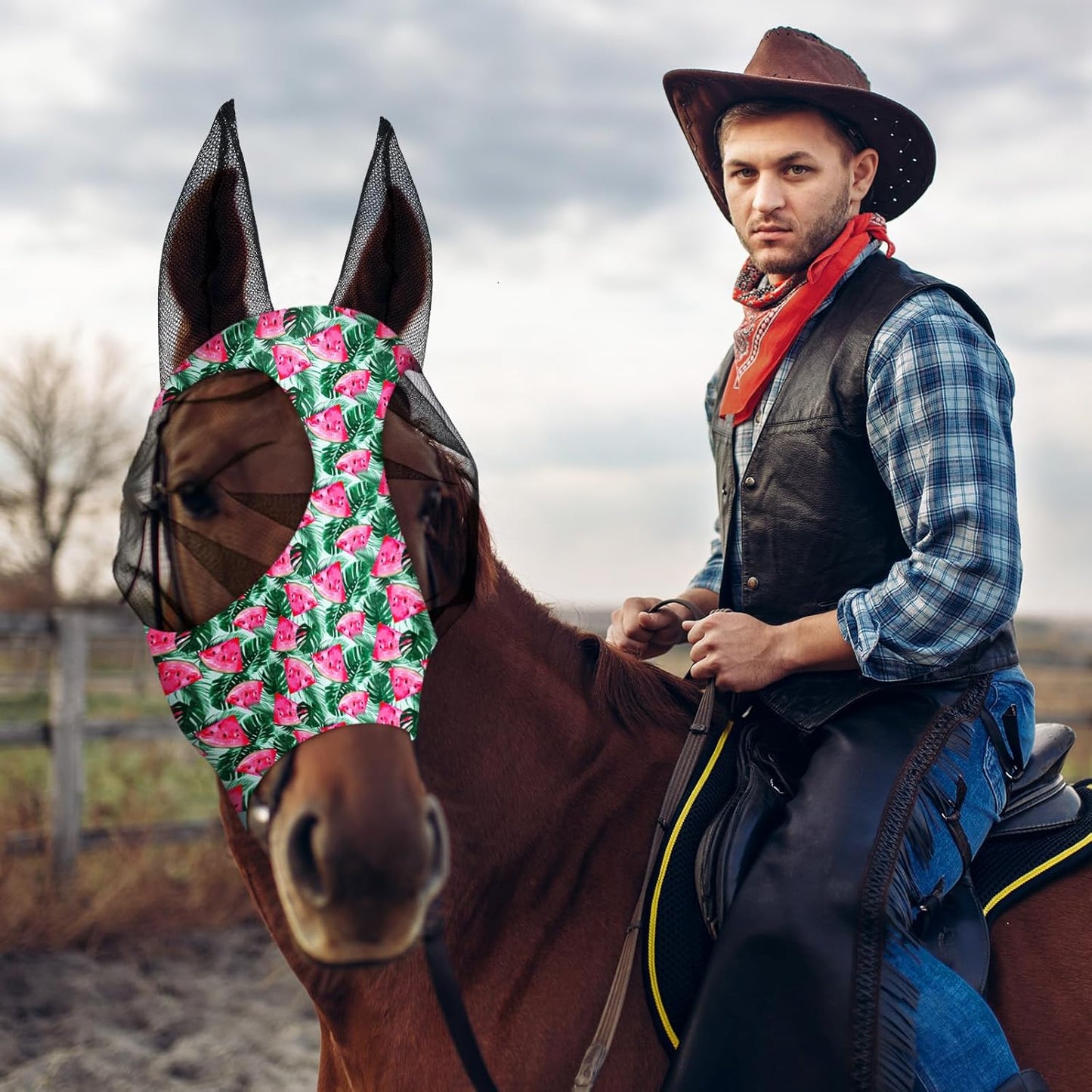 Frienda 4 Pieces Horse Fly Masks with Ears Face Covering UV Protection from Insect Pests Elasticity Smooth Comfortable Mesh Horse Mask Accessories(Fruit,Medium)