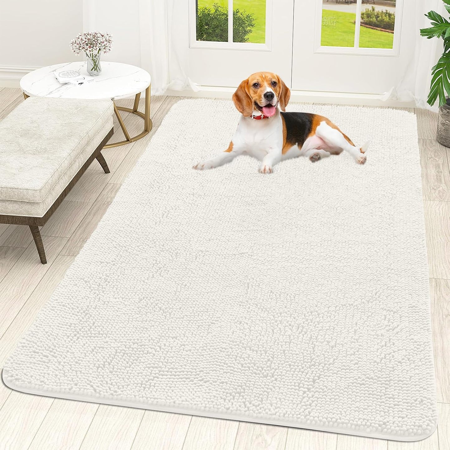 OLANLY Dog Door Mat for Muddy Paws 70x46, Absorbs Moisture and Dirt, Absorbent Non-Slip Washable Doormat, Quick Dry Chenille Mud Mat for Dogs, Entry Indoor Entryway Carpet for Inside Floor, Ivory